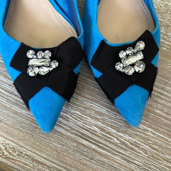 Size 8 Zara blue faux-suede kitten pointed toe heels black ribbon & rhinestone - Picture 5 of 8